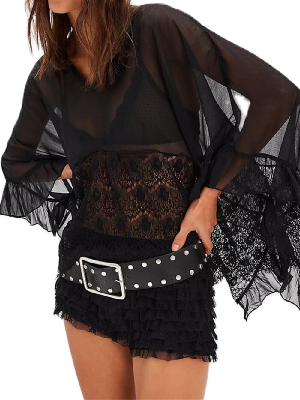 Women Sheer Poncho Top Chiffon Flowy See Through Beach Cover Up